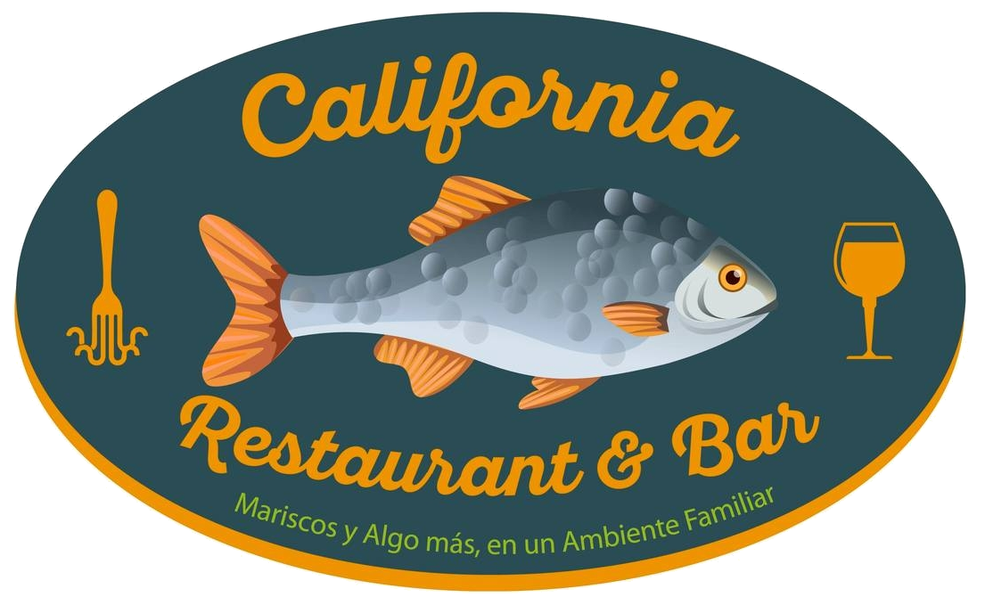 Logo de California Restaurant & Bar, un restaurante familiar especializado en mariscos y pescados en el Istmo de Tehuantepec. El diseño incluye un pez, un tenedor y una copa de vino, con el eslogan 'Mariscos y algo más, en un ambiente familiar'